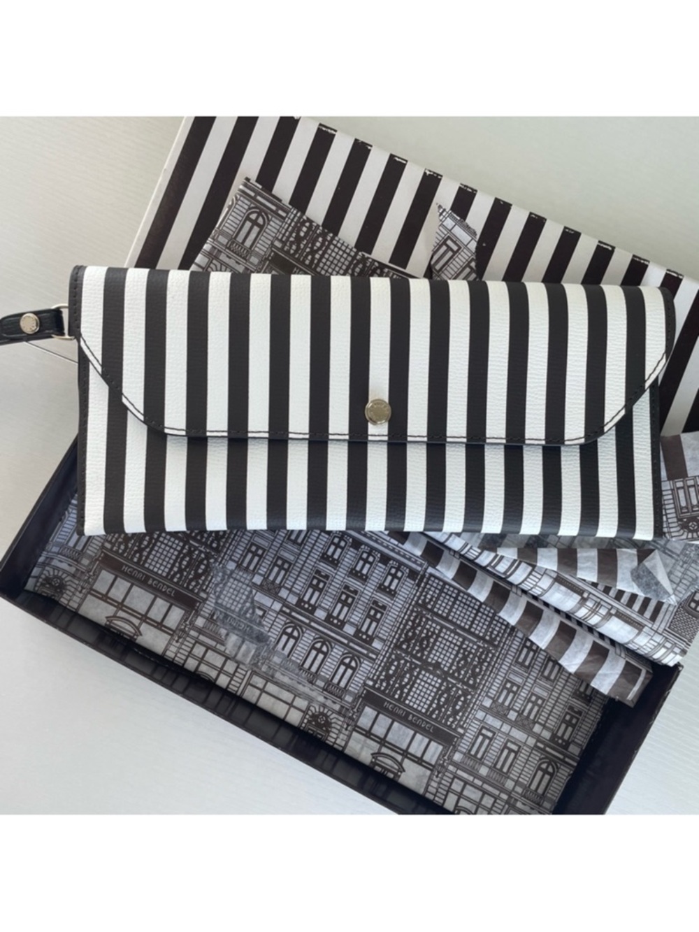 Henri Bendel Brown and White Centennial Stripe Clutch